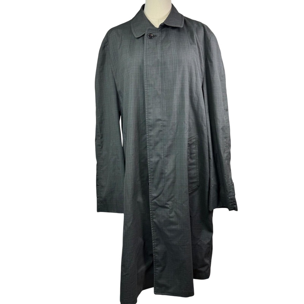 Vintage London Fog Maincoats Clipper Mill Plaid Trench Coat Grey Blue 40 Reg
